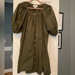 Pomander Place Elegant Olive Green Puff Sleeve Dress